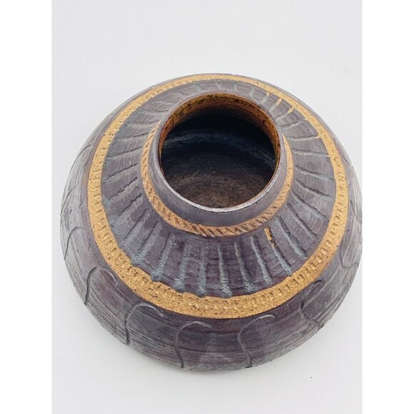 Vtg 1970’s Art Pottery Vase Vessel, Purple Brown Carved Signed Anna Warren - Picture 2 of 8